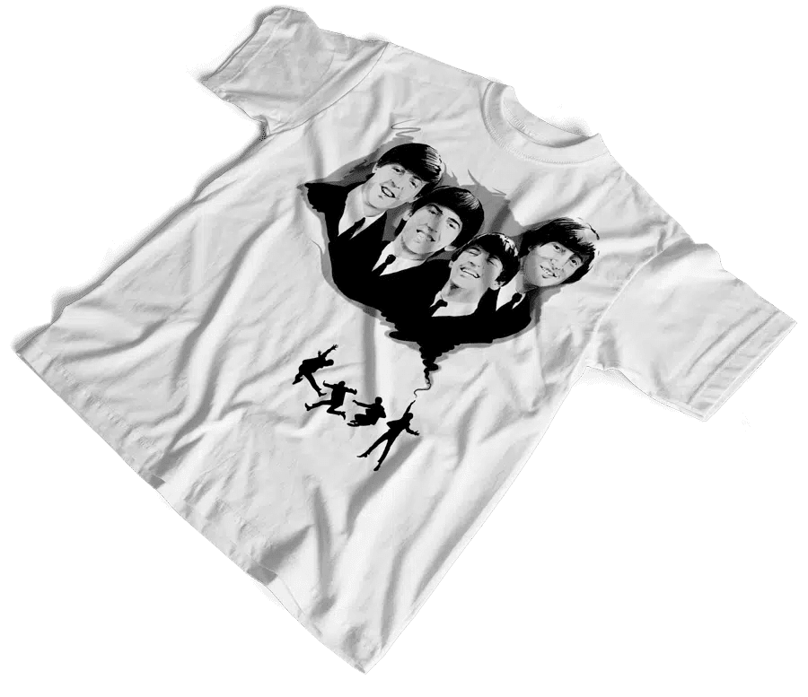 White graphic T-shirt featuring a black-and-white Beatles-inspired band illustration and silhouette design