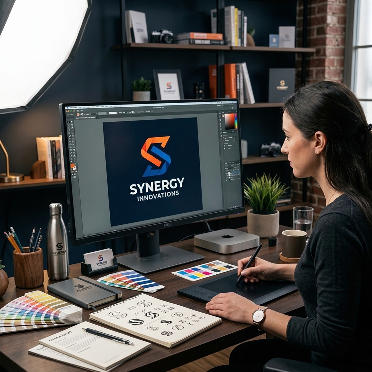 Designer creating professional logo design for small businesses at a studio desk with color swatches and sketches