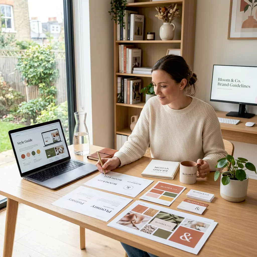 Small business owner reviewing a consistent brand identity system with matching logo, color palette, typography, and packaging laid out on a bright studio desk
