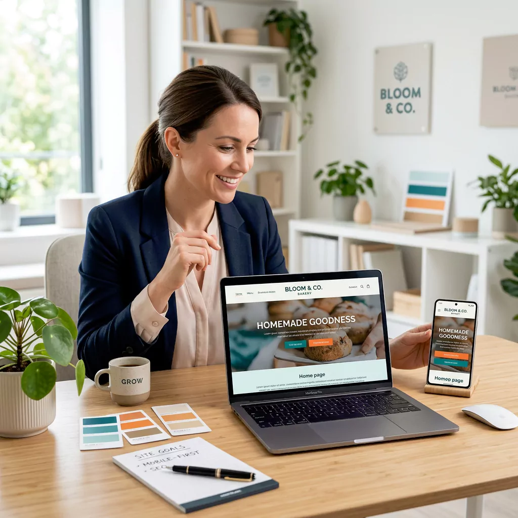 Small business owner viewing a modern responsive website design on a laptop and phone at a bright studio desk with brand color swatches nearby