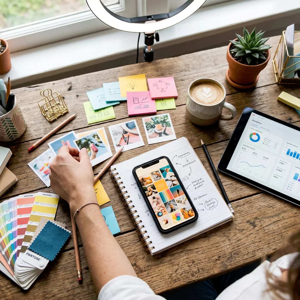 Small business owner planning social media branding on a phone and laptop at a bright studio desk with matching brand color swatches and post templates