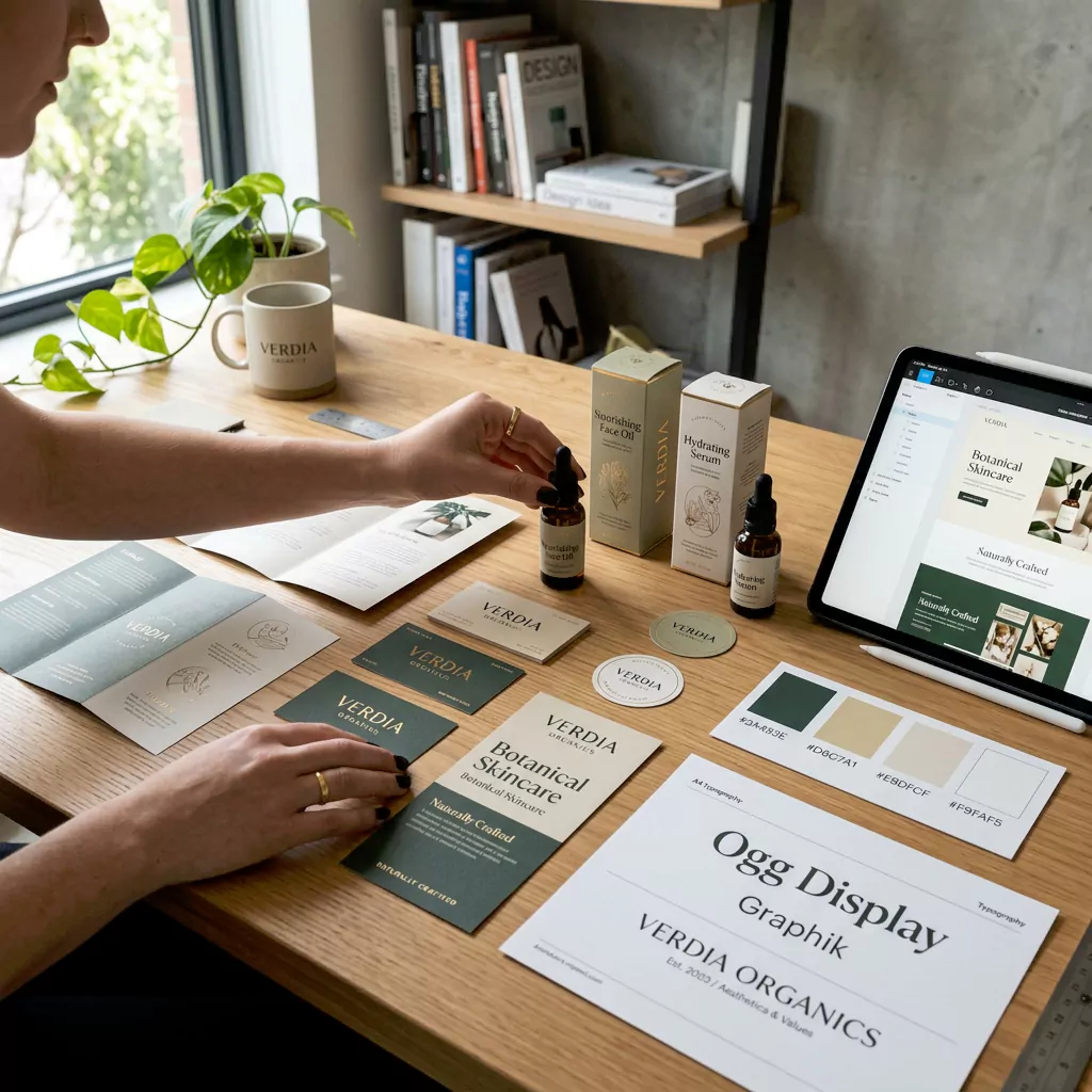 Designer arranging branded graphic design assets including flyers, business cards, and social templates in matching colors on a bright studio desk