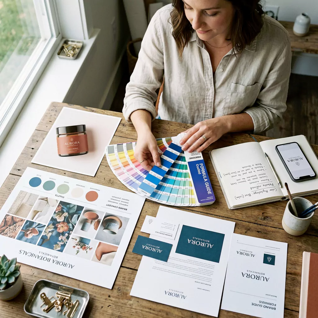 Small business owner selecting brand colors from a fanned-out color swatch palette beside a logo mockup and mood board on a bright studio desk