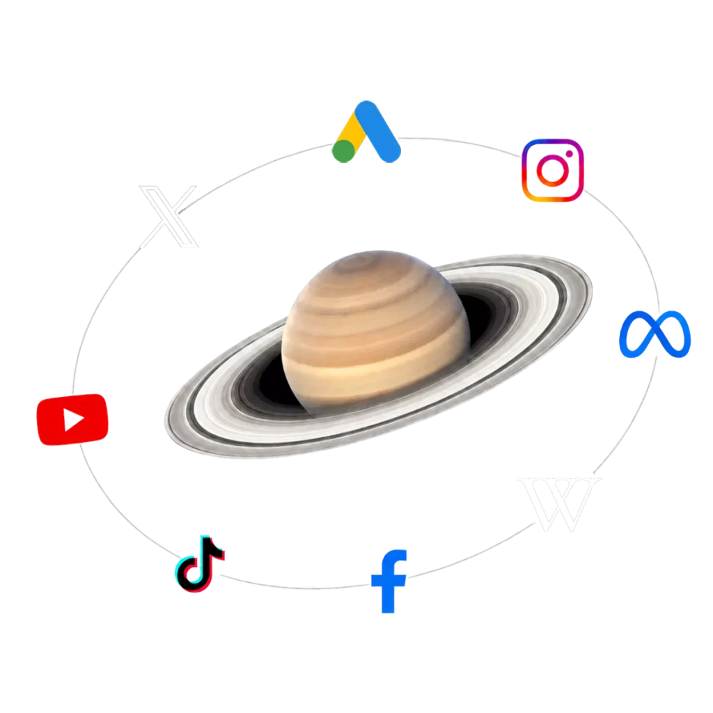 Digital marketing illustration featuring Saturn surrounded by social media and advertising platform icons
