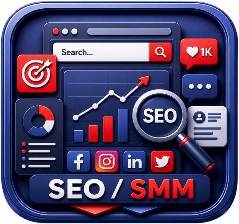 SEO and SMM service icon on The D-Zine Studio homepage for search and social media marketing